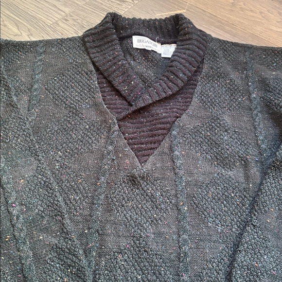 Bugatchi | Vintage Pine Green and Charcoal Knit V-Neck Sweater Size Large - Picture 4 of 14